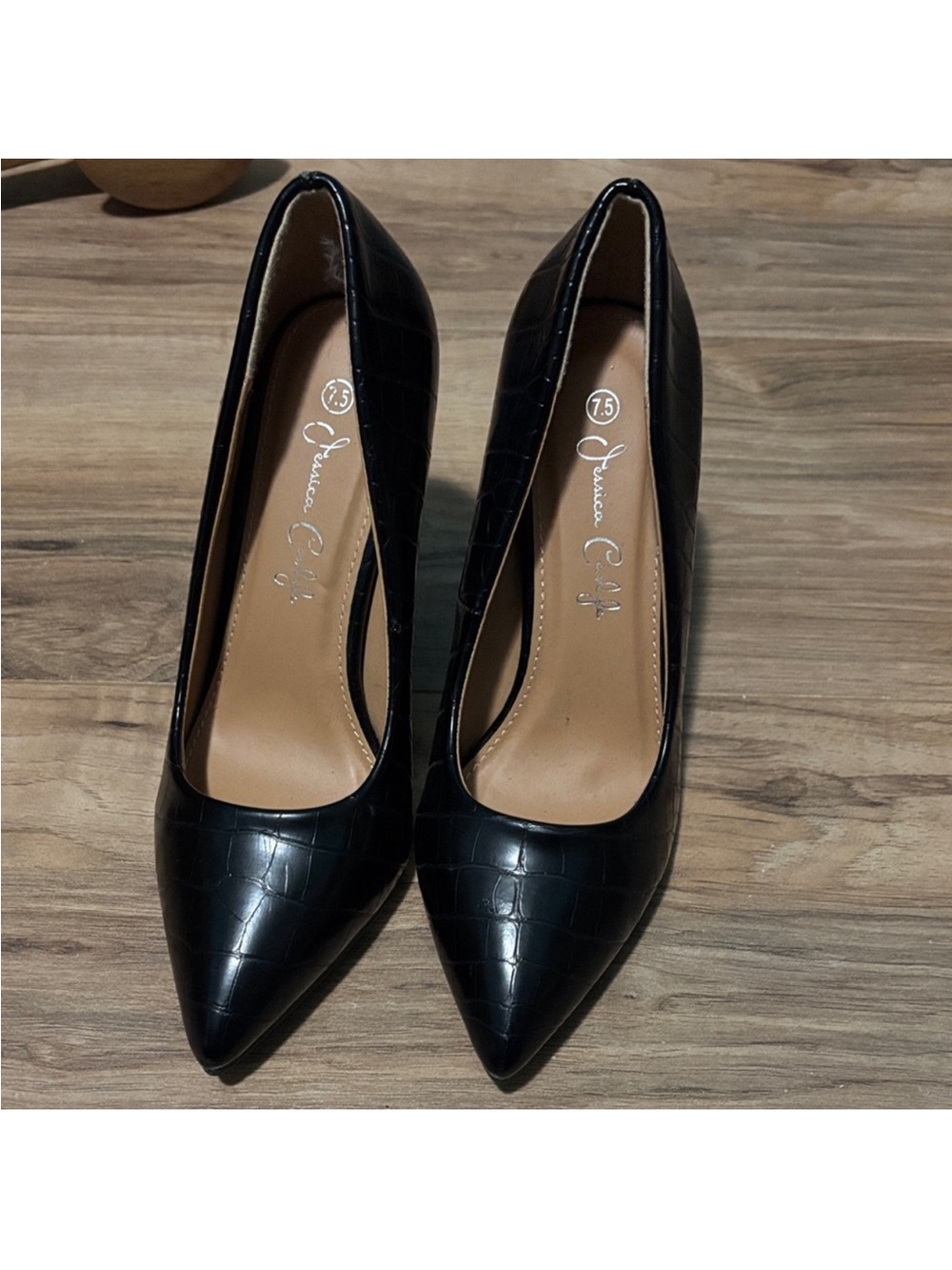 Jessica Black Croc-Embossed Pointed-Toe Pumps
